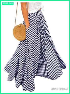 Gingham Plaid Maxi Skirt High Waist A-Line Pleated Long Skirt